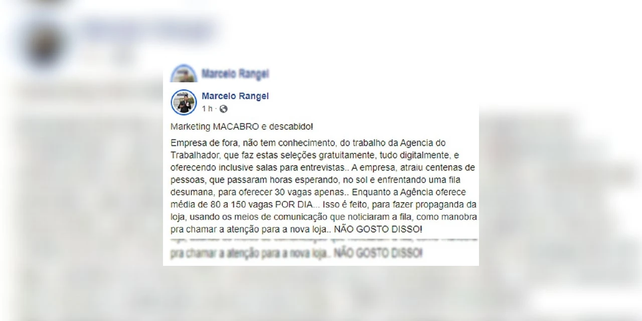Rangel critica seleção de funcionários de empresa em PG: "Marketing macabro e descabido"