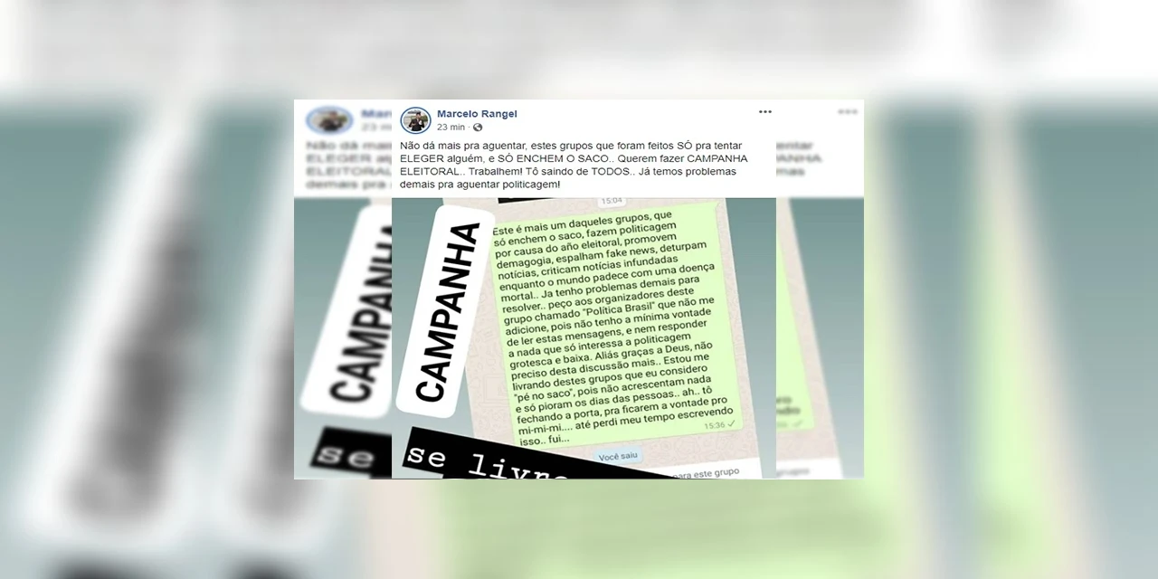 "Estes grupos que foram feitos só pra tentar eleger alguém só enchem o saco", critica Rangel nas redes sociais