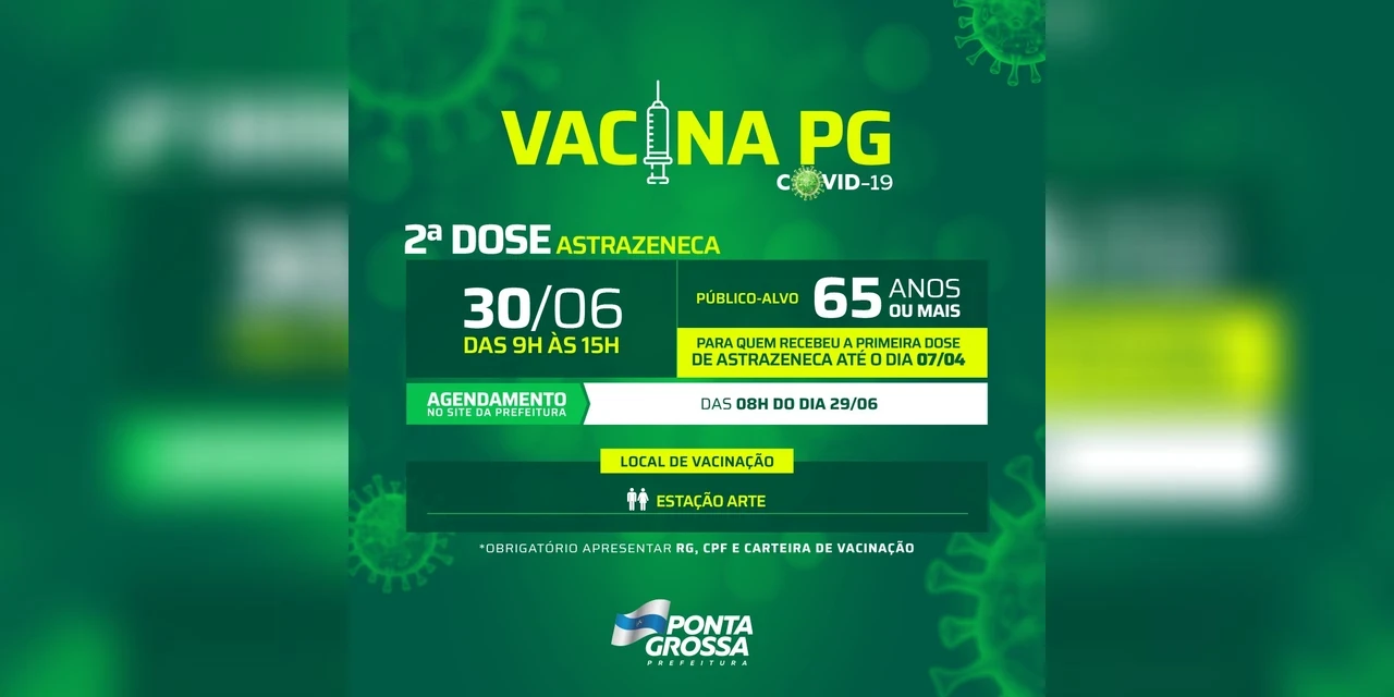 Prefeitura de PG abre agendamento para vacinação de 2ª dose de Astrazeneca para público com mais de 65 anos