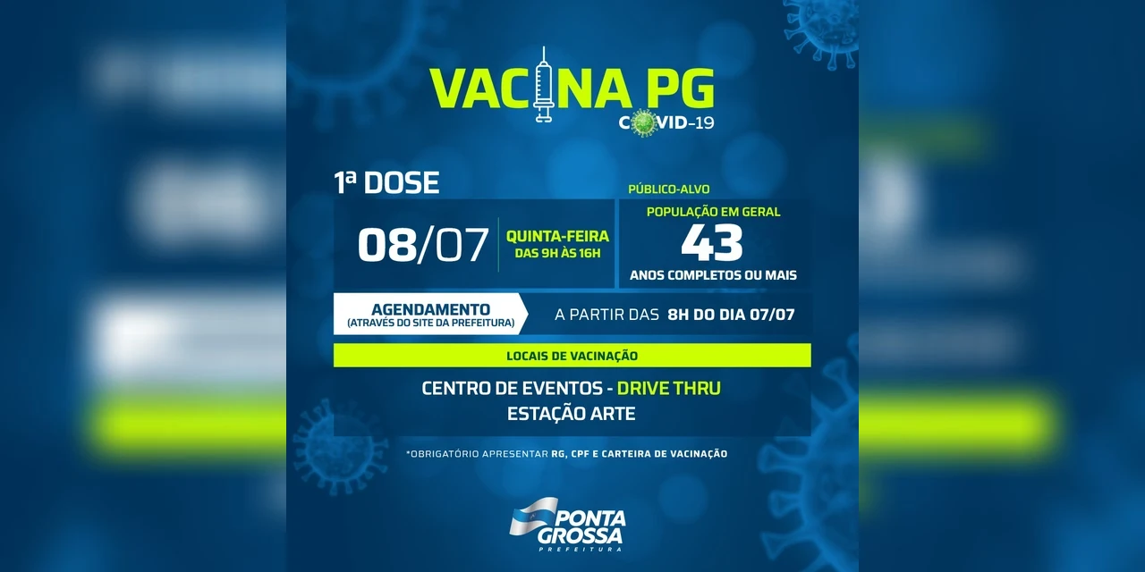 Público geral de 43 anos ou mais deve ser vacinado na próxima semana em PG; confira o cronograma completo