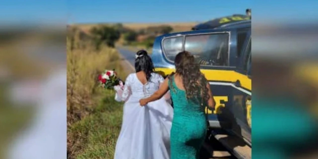 Fotos: Carro tem pane a caminho de casamento e noiva 'pega carona' com a PRF 