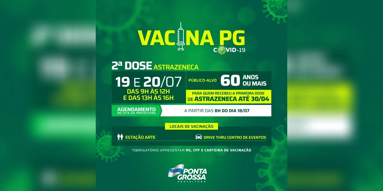 COVID-19: Prefeitura de PG convoca pessoas com 60 anos ou mais para segunda dose da vacina AstraZeneca; veja os detalhes