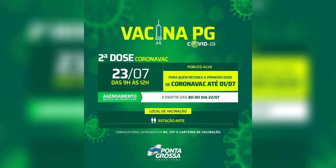 Prefeitura convoca nova etapa para aplicação da segunda dose de Coronavac em PG