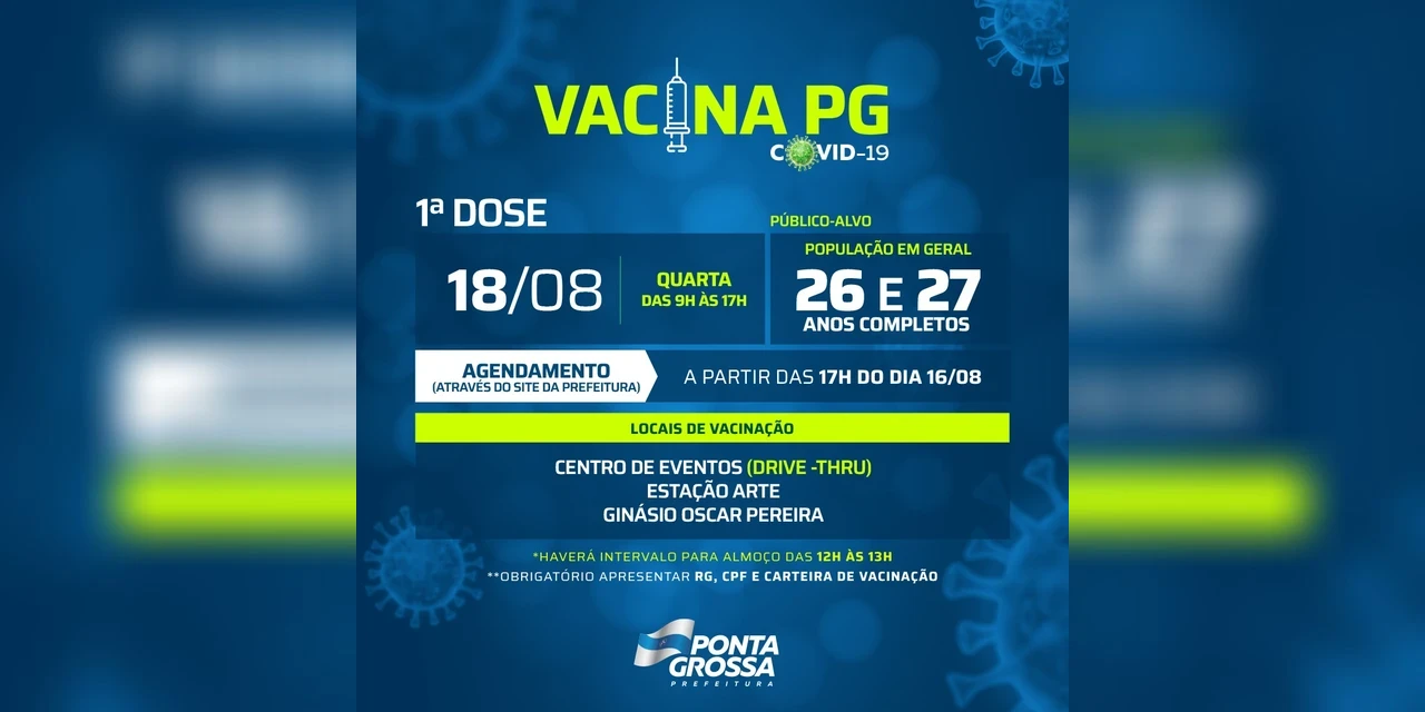 Prefeitura de PG amplia público e pessoas de 26 e 27 anos completos poderão se vacinar nesta quarta (18) em PG