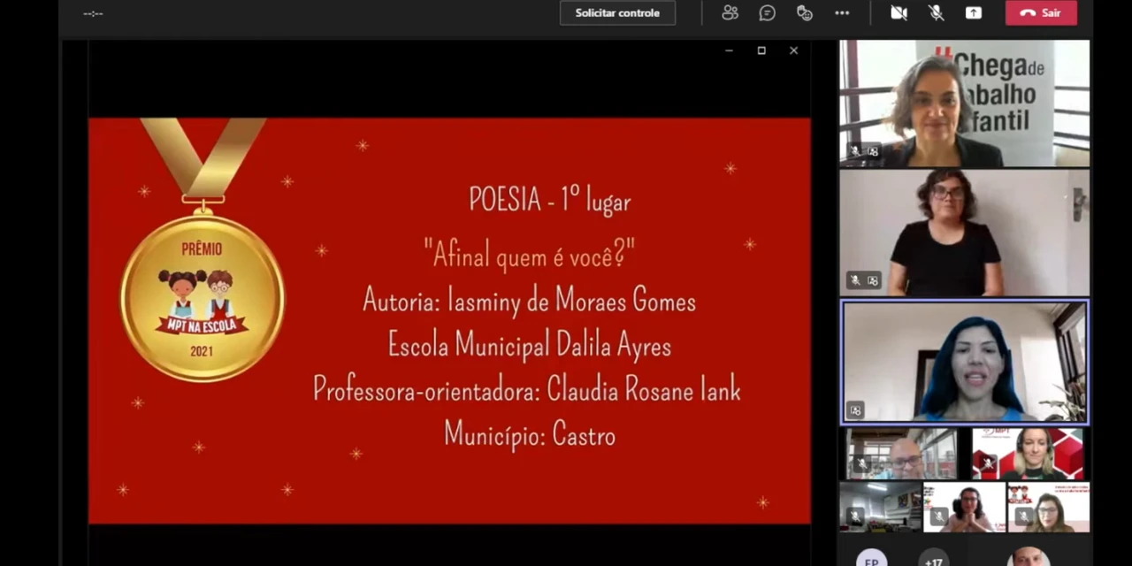 Aluna da rede municipal de Castro é premiada em programa do Ministério Público do Trabalho