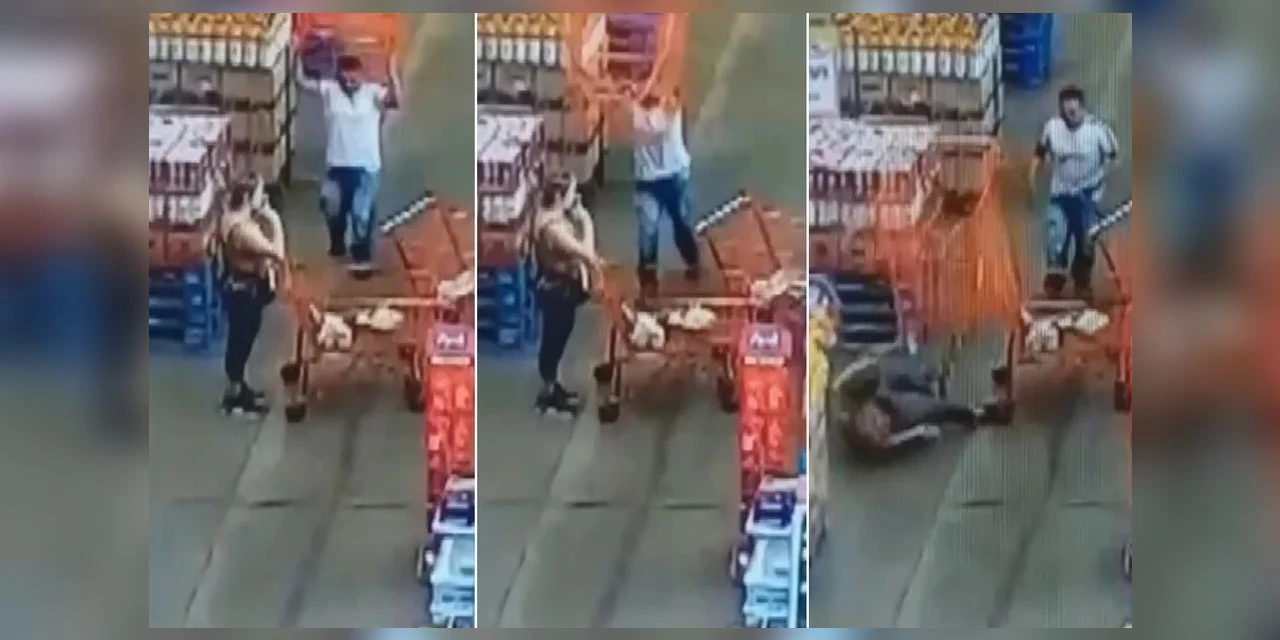 Vídeo mostra homem jogando carrinho de supermercado na cabeça de mulher