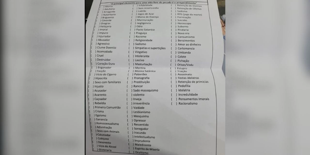 Lista de “pecados” entregue por igreja a jovens viraliza na internet