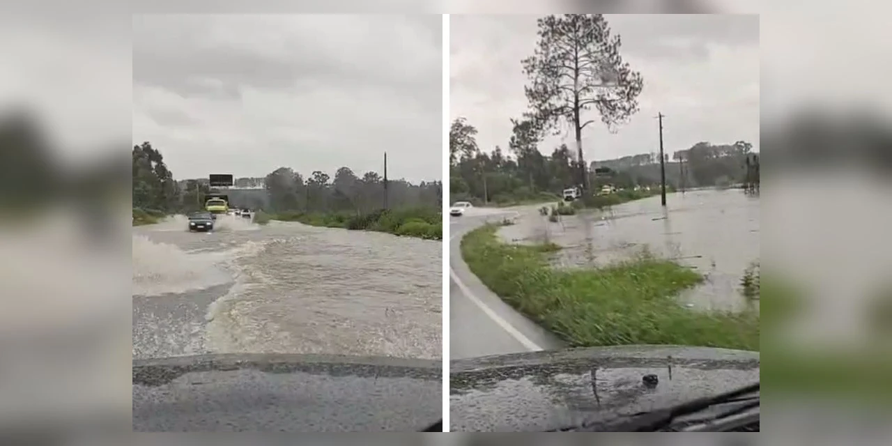 Rio Tibagi transborda sobre PR-151 em Ponta Grossa
