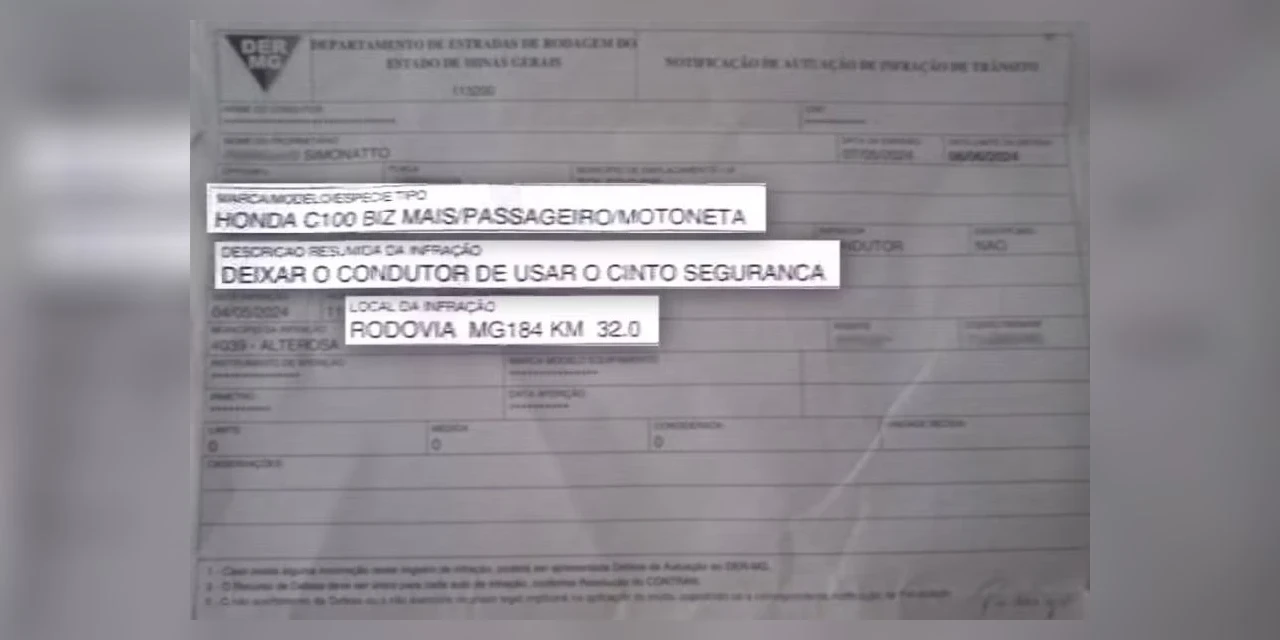 Motociclista do Paraná leva multa por não usar cinto de segurança em cidade mineira que nunca visitou