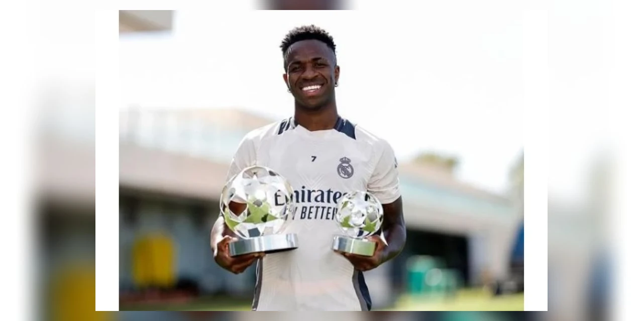 Vini Júnior recebe troféu de melhor jogador da Liga dos Campeões