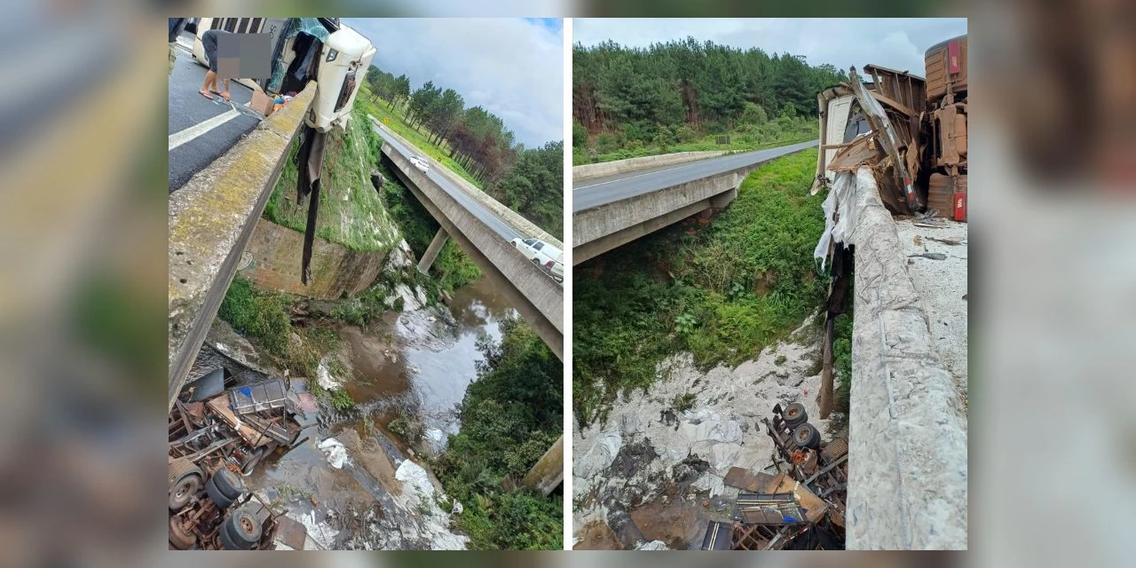 Carreta tomba sobre ponte na BR-376 entre Curitiba e Ponta Grossa; semirreboques caíram no rio