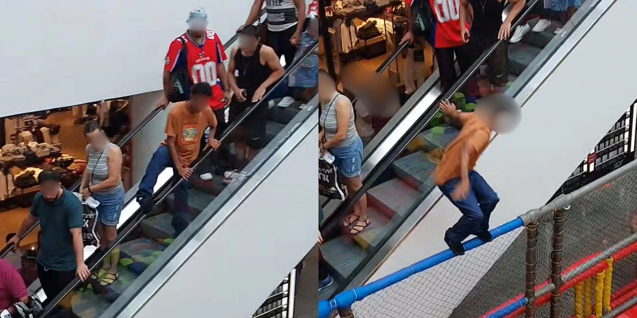 Jovem pula de escada rolante em shopping de PG; veja o vídeo