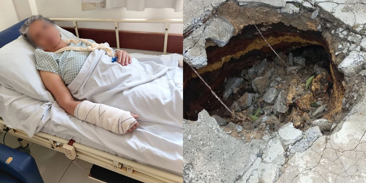 Idosa cai em cratera aberta a quase 3 meses em rua do Jardim Carvalho