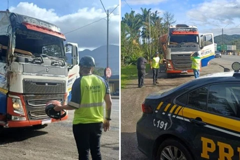 De capacete, motorista conduz caminhão sem para-brisa em SC