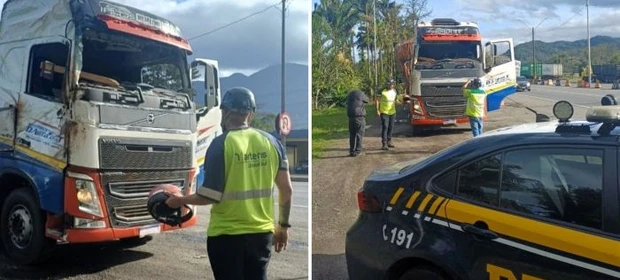 De capacete, motorista conduz caminhão sem para-brisa em SC