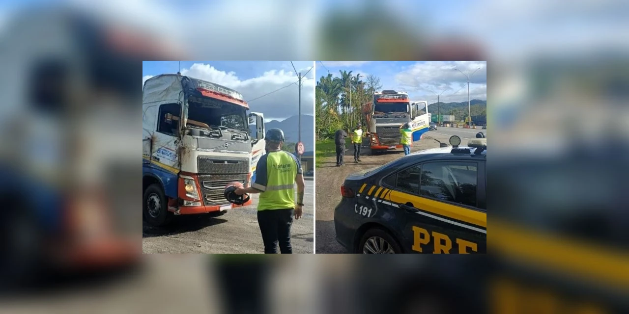 De capacete, motorista conduz caminhão sem para-brisa em SC