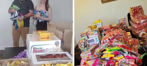 Família Caveiras distribui doces arrecadados em campanha de Dia das Crianças