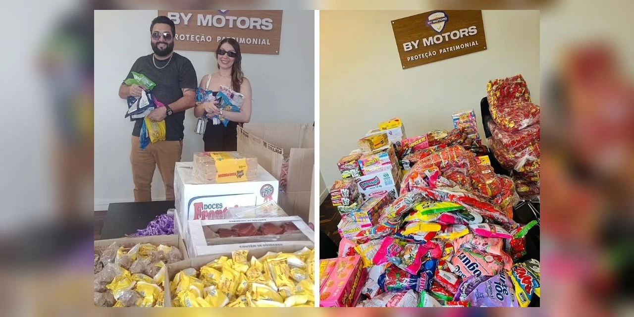 Família Caveiras distribui doces arrecadados em campanha de Dia das Crianças