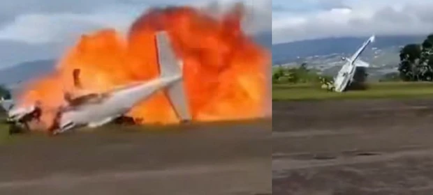Avião cai e explode logo após tentativa de decolagem em aeroporto