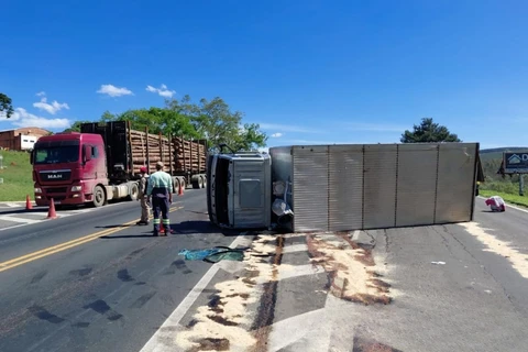 Caminhão tomba após colisão em rodovia da região