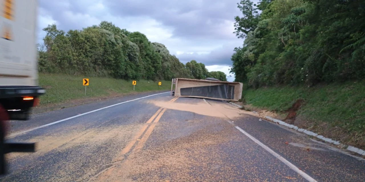 Caminhão tomba, espalha carga e interdita BR-277 na região