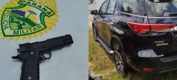 Imagens revelam detalhes do carro e da réplica de arma utilizadas em perseguição na PR-151; confira