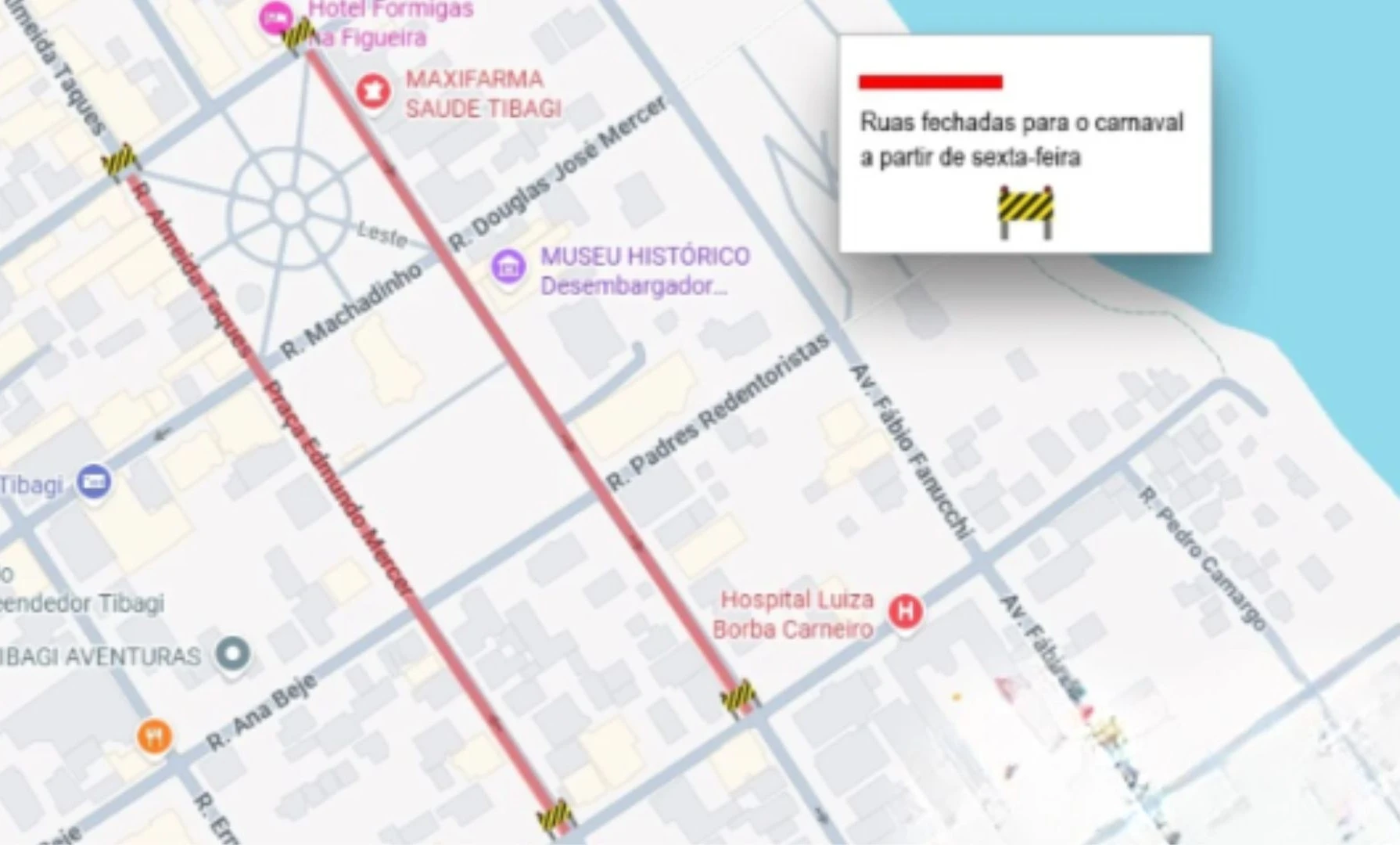 Mapa do bloqueio das ruas durante o Carnaval 2026 | Foto: Reprodução / Prefeitura de Tibagi
